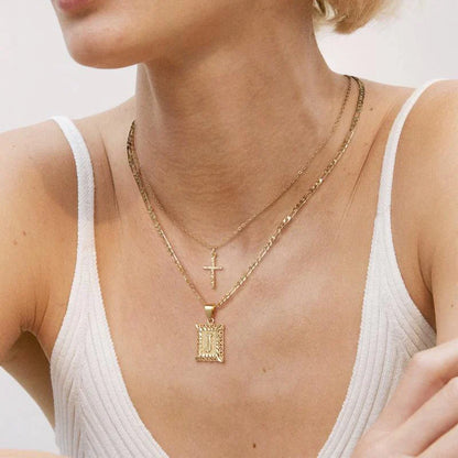 Cross Initial Necklace Set | Gold