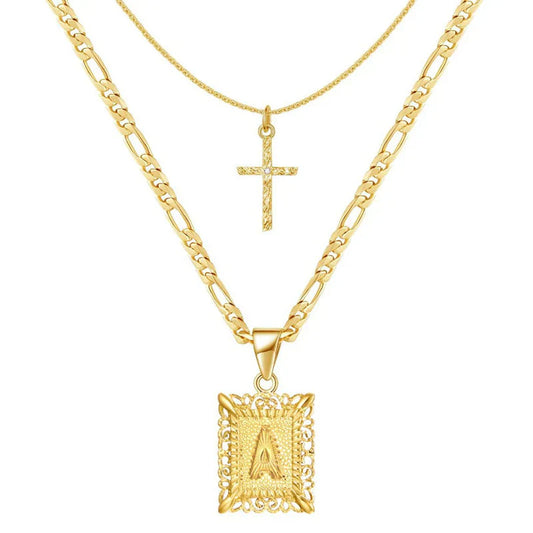 Cross Initial Necklace Set | Gold